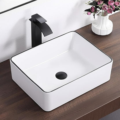 White Vessel Sink,Rectangle 19"x15" Bathroom Sink Above Counter Porcelain Ceramic Small Sink Bowl Ceramic Vessel Sinks for Bathrooms