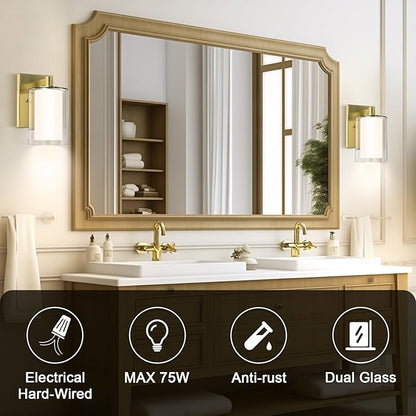 Wall Sconces Set of Two: Bathroom Sconce of 2, Gold Vanity Fixtures with Double Clear Glass Shade, E26 Base Hardwired Farmhouse Wall Lights for Bedroom Living Room Bathroom (Bulb not Included)