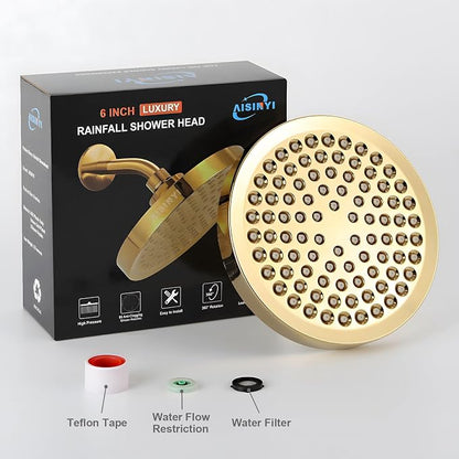 6" High Pressure Rain Shower Head, Luxury Gold Plated Finish | 6 Inch Fixed Bathroom Showerhead, Adjustable Replacement, 90 Anti-Clog Nozzles, Removable Restrictor, Tool-Free Easy Install