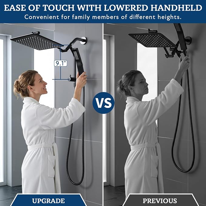 G-Promise Metal Shower Diverter with Low Handheld Holder (Brushed Nickel) | 10 Inch Downward-Extend Bracket for All Heights, 4 Spray Modes with Pause, Anti-Leak, Easy Install, Universal Replacement