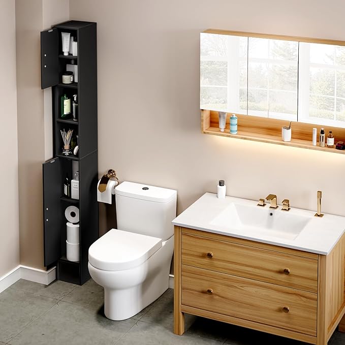 MOHOPE Narrow Bathroom Storage Cabinet, 72" Tall Slim Bathroom Cabinet with 2 Doors & Adjustable Shelves, Skinny Freestanding Floor Cabinet for Small Spaces, Living Room, Black