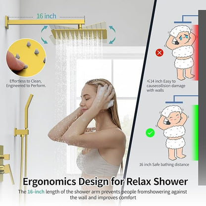 SR SUN RISE Shower Faucets Sets Complete Brushed Gold Square Rain Shower Head with Handheld Spray All Metal Shower Faucet Trim Repair Kits (Contain Shower Valve)