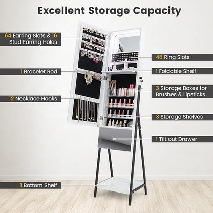 CHARMAID Jewelry Cabinet Armoire with Full Length Mirror, 3-Color Light Strips, Mirrored Tilt out Drawer, Lockable Standing Jewelry Organizer with Storage Shelves, Metal Stand (White)