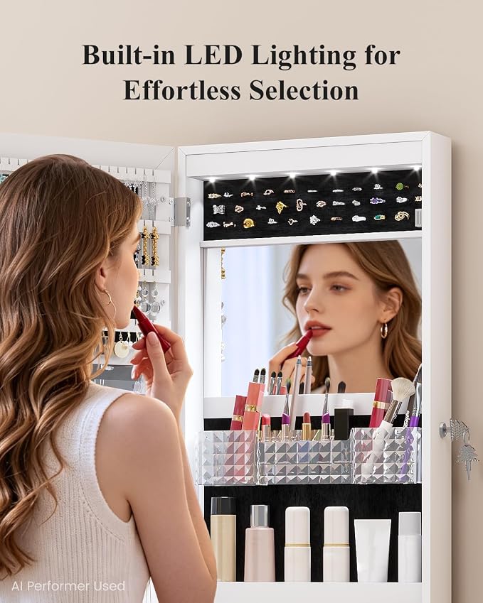 LVSOMT 42.5" Wall Mounted Jewelry Organizer with LED Mirror, White | Lockable Jewelry Cabinet for 30 Ring Slots, 96 Earring and 20 Necklace Hooks, Gift for Women, Girls