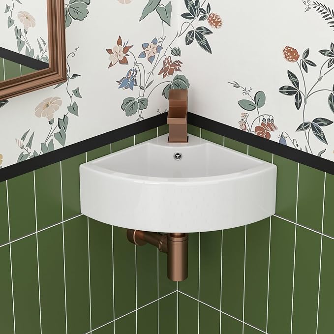18x13 Wall Mounted Corner Bathroom Sink | Ceramic, Fan-Shaped, Curved Bottom, Easy to Clean, with Overflow, Ideal for Bathroom, Lavatory, Vanity