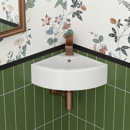 18x13 Wall Mounted Corner Bathroom Sink | Ceramic, Fan-Shaped, Curved Bottom, Easy to Clean, with Overflow, Ideal for Bathroom, Lavatory, Vanity
