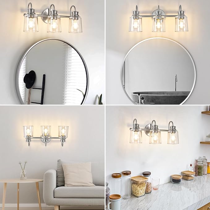 3 Lights Bathroom Light Fixtures Brushed Nickel Vanity Lights | ETL Certificate, Easy to Install,Wall Mount Up or Down,Thickened Glass Lampshade,E26 Socket,Hardwired
