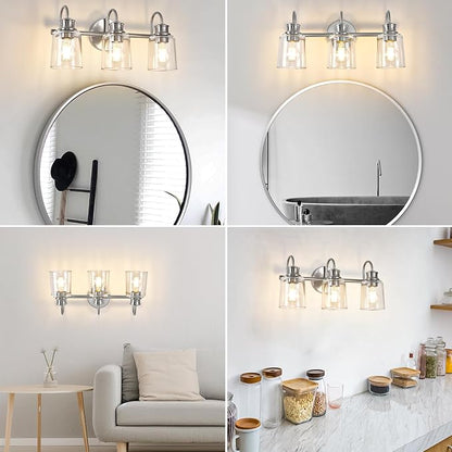 3 Lights Bathroom Light Fixtures Brushed Nickel Vanity Lights | ETL Certificate, Easy to Install,Wall Mount Up or Down,Thickened Glass Lampshade,E26 Socket,Hardwired