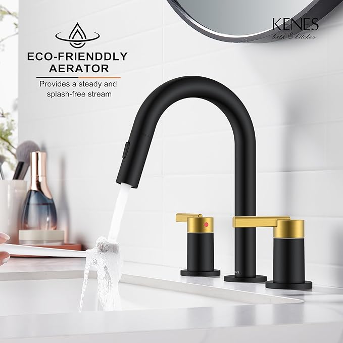 KENES Black and Gold Pull Out Widespread Bathroom Faucet 3 Hole, 8 Inch 2 Handle Bathroom Sink Faucet with Pull Down Sprayer, Vanity Faucet with Pop Up Drain and Supply Lines LJ-9068-BG