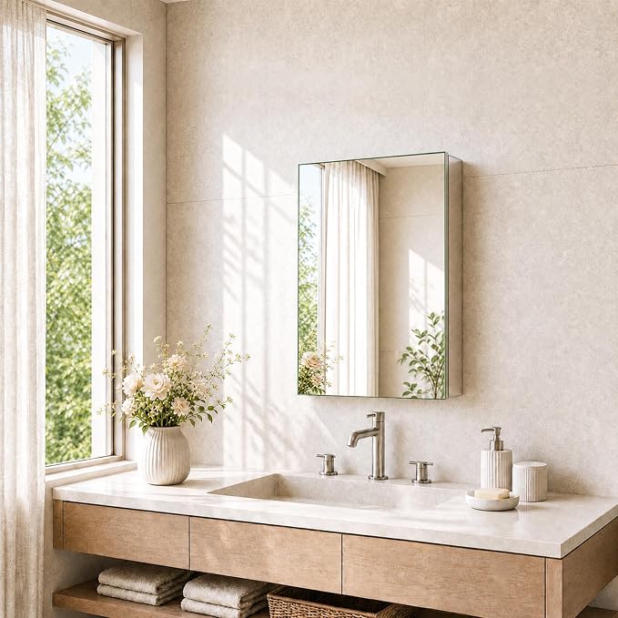 14 x 18 Aluminum Medicine Cabinet Mirror, Moisture & Rust Resistant Bathroom Wall Cabinet with Mirror, Recessed or Surface Mount with Adjustable Shelves, Tempered Glass & Soft Close Hinges