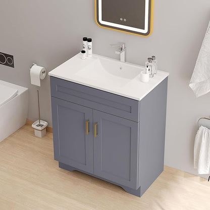 Bathroom 30" Vanity with Ceramic Sink, Wooden Double Door Bathroom Storage Cabinet, Freestanding Cabinet Vanity with Sink (Paint, Grey,30")