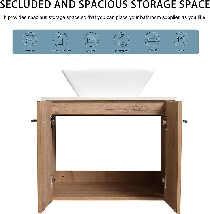 24" Floating Vanity with Sink, 24 Inch Bathroom Vanity with Sink, Modern Plywood Floating Cabinet with Sintered Stone Countertop and White Ceramic Basin, Soft Close Doors