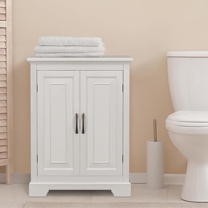 Teamson Home St. James Freestanding Floor Cabinet Bathroom Living Room Storage Organizer with 2 Doors 2 Adjustable Inner Shelves, White | 2 Doors, 2 Adjustable Inner Shelves, Bathroom Living Room Storage Organizer