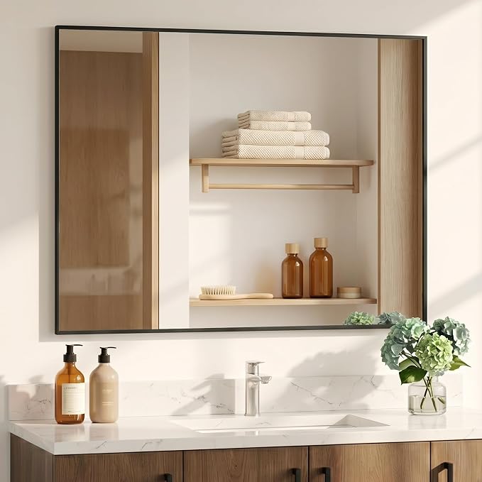 48"x36" Matte Black Large Framed Bathroom Vanity Wall Mirror | Large Vanity Wall Mirror, Slim Metal Frame, Dresser or Sideboard Use, Vertical/Horizontal Mount, Tempered Glass