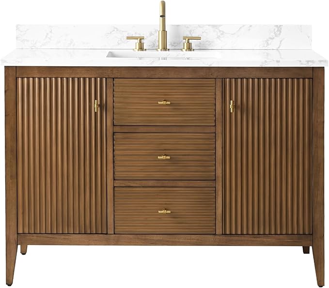 HOMEBEYOND 48" Bathroom Vanity with Sink, Solid Wood Bathroom Vanity Free-Standing Cabinet, Drawers, Ceramic Top & Soft Closing Door, Golden Brushed Handware, Walnut