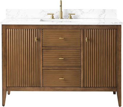 HOMEBEYOND 48" Bathroom Vanity with Sink, Solid Wood Bathroom Vanity Free-Standing Cabinet, Drawers, Ceramic Top & Soft Closing Door, Golden Brushed Handware, Walnut
