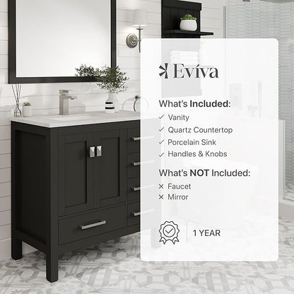 Eviva London 36 Inch Bathroom Vanity With Sink - Espresso Single Sink Bathroom Vanity - 36 In Bathroom Vanities & Stylish Bathroom Sink Cabinet W Quartz Countertop & Porcelain Sink For Optimal Storage