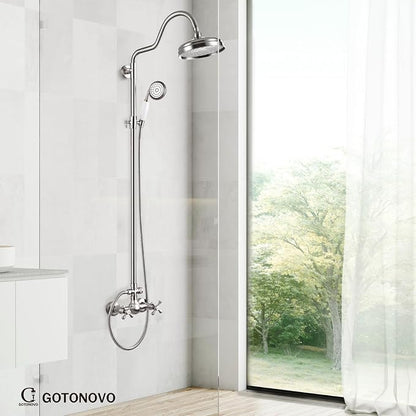 gotonovo Exposed Shower Faucet Set Luxury,Brushed Nickel,Curved Arc Rod | Bathroom 8” Shower Head with Handheld Spray System Fixtures,Vintage Two Cross Handle,Wall Mount,for 5-6.7" Hole,Adjust Height