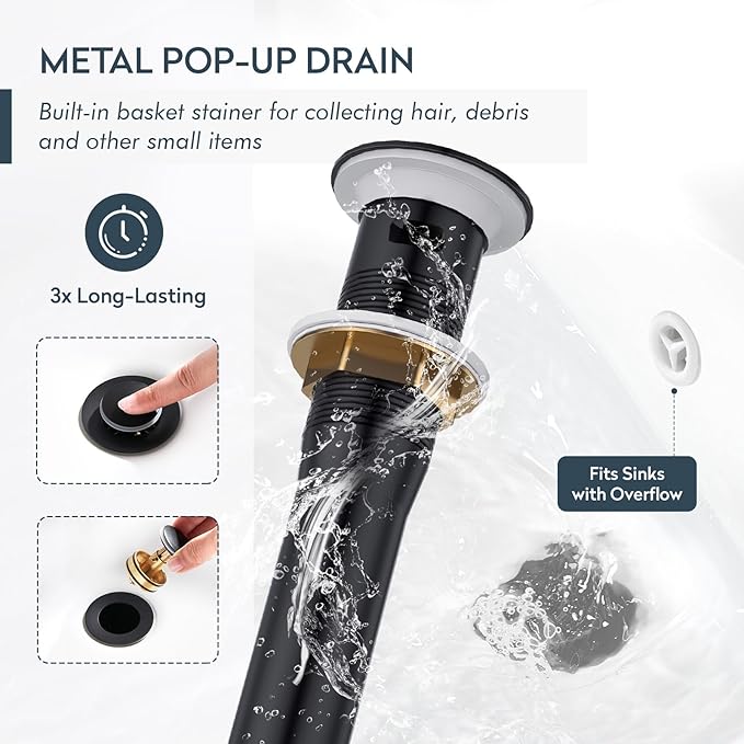 Matte Black Single Hole Bathroom Faucet, 1 Handle Bathroom Vanity Sink Faucet with Metal Pop-Up Drain & PEX Supply Lines & Deck Plate for 1 or 3 Hole, Black