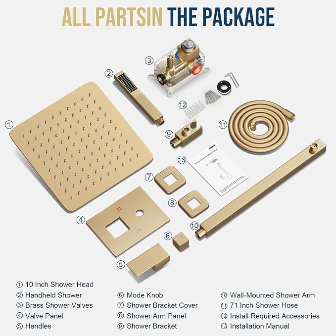 FPXRNG Shower Faucet Set Rainfall Shower System with Square Shower Head and Handle Set Rough-in Valve and Metal Trim Kit Included Paint Gold 10 Inch Wall Mounted Shower Fixtures