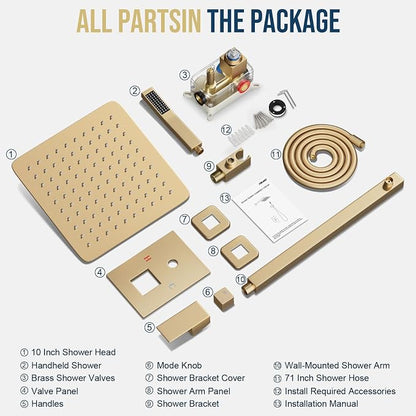 FPXRNG Shower Faucet Set Rainfall Shower System with Square Shower Head and Handle Set Rough-in Valve and Metal Trim Kit Included Paint Gold 10 Inch Wall Mounted Shower Fixtures