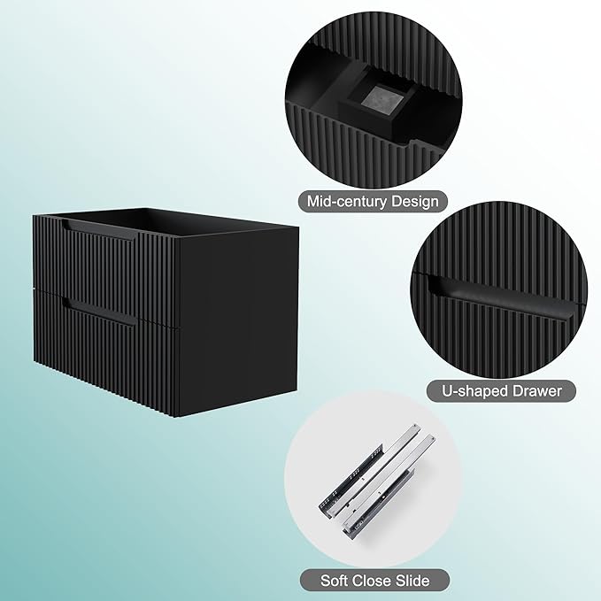 30” Floating Bathroom Vanity Cabinet Wall-Mounted Bathroom Vanity in Black, Sink Basin Not Included