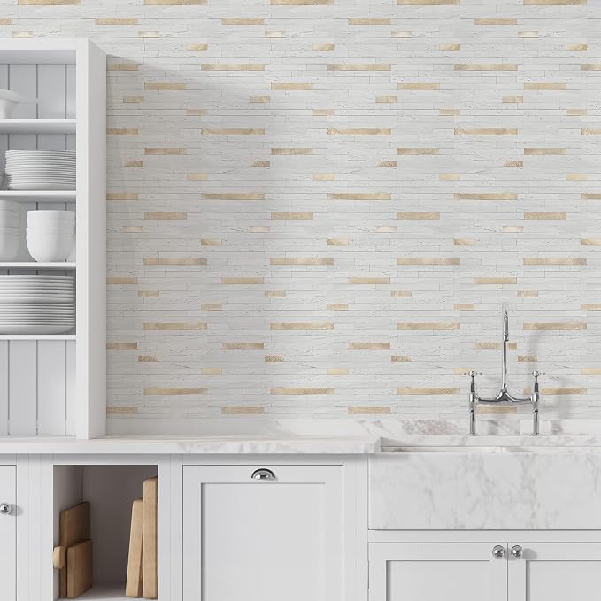 STICKGOO 20 Sheets Peel and Stick Backsplash Tile, Stick on Backsplash for Kitchen and Bathroom, White Sandstone Look PVC Mixed Metal Gold Self Adhesive Wall Tiles