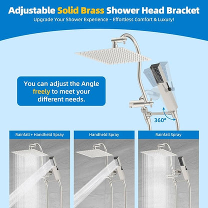 Hibbent All Metal cUPC Certified Shower Head, 12'' High Pressure Rainfall Showerhead Combo, Handheld Shower Wand, 12'' Adjustable Extension Arm, 4-Spray, 71'' Hose, Shower Holder, Brushed Nickel