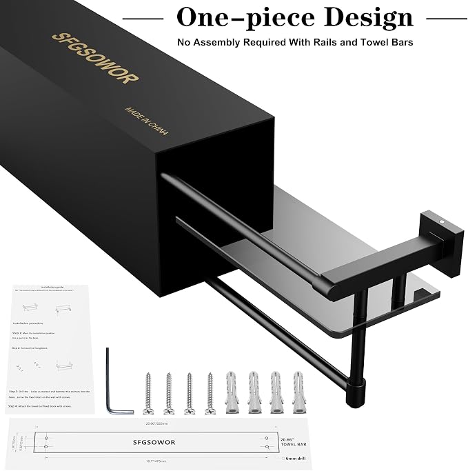 Glass Shelf for Bathroom 20 Inch Bathroom Shelves with Towel Bar Tempered Glass Shelves with Stainless Steel Towel Holder for Wall (All Matte Black)