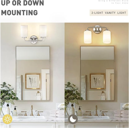 zeyu 2-Light Bathroom Light Fixtures Over Mirror, Modern Wall Sconces for Bathroom, Milky White Glass Shade, Brushed Nickel Finish, ZS62B-2W BN
