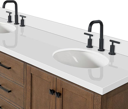ARIEL Cambridge 66-inch Bathroom Vanity with Sink,Solid Wood, 1.5-inch Pure White Quartz Countertop & Backsplash, Double Oval Porcelain Sink, 4 Soft Closing Doors, 6 Dovetail Drawers, Brown Oak