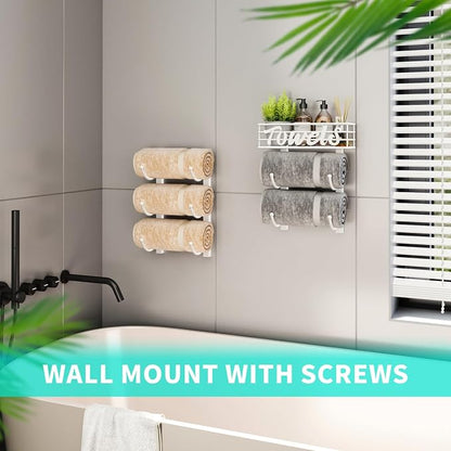 HapiRm Towel Racks for Bathroom Storage - 6 Tier Over The Door & Wall Mount Rolled Towel Storage Organizer Holder with Metal Shelf Basket for Small Bathroom, Camper, Rv - White, Patented