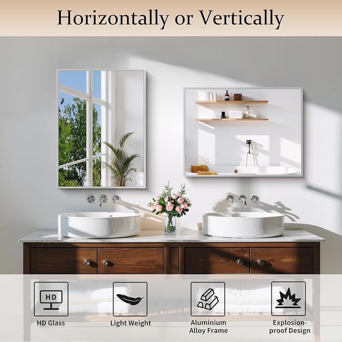 COFENY Silver Bathroom Mirror for Wall, 18x24 Inch Rectangle Mirror with Metal Frame, Modern Vanity Mirrors for Bathroom Living Room, Entryway Hangs Horizontal or Vertical