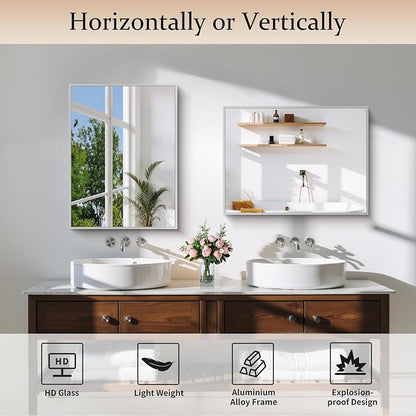 COFENY Silver Bathroom Mirror for Wall, 18x24 Inch Rectangle Mirror with Metal Frame, Modern Vanity Mirrors for Bathroom Living Room, Entryway Hangs Horizontal or Vertical