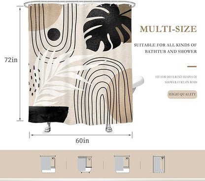 Glawry Boho Mid Century Shower Curtain Abstract Plant Tropical Palm Leaf Modern Minimalist Arch Geometric Bathroom Black Beige Brown 60Wx72L Inches Bath Accessories Art Home Decor Fabric 12 Pack Hooks