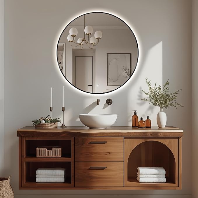 Niccy Round LED Bathroom Mirrors, Black Framed Backlit Vanity Mirror, 28" | LED Smart Circle Mirror with 3 Color Lighting, Anti-Fog Lighted, IP65 Waterproof, Wall Mounted Bathroom Vanity