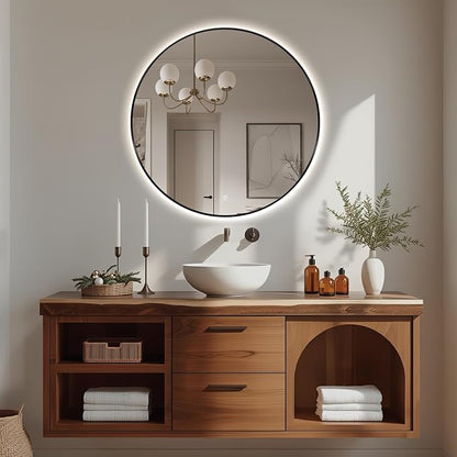 Niccy Round LED Bathroom Mirrors, Black Framed Backlit Vanity Mirror, 28" | LED Smart Circle Mirror with 3 Color Lighting, Anti-Fog Lighted, IP65 Waterproof, Wall Mounted Bathroom Vanity