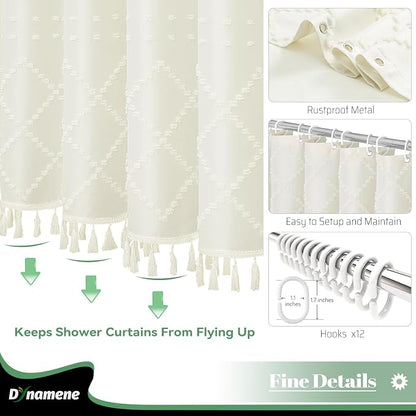 Extra Long Boho Fabric Shower Curtain Tufted Geometric 72x84 Cream | 84 Inch Tall, Elegant Tassel, Lightweight Textured Fabric, Water Repellent, Washable, Hotel Spa, for Bathroom/Dorm 12 Hooks