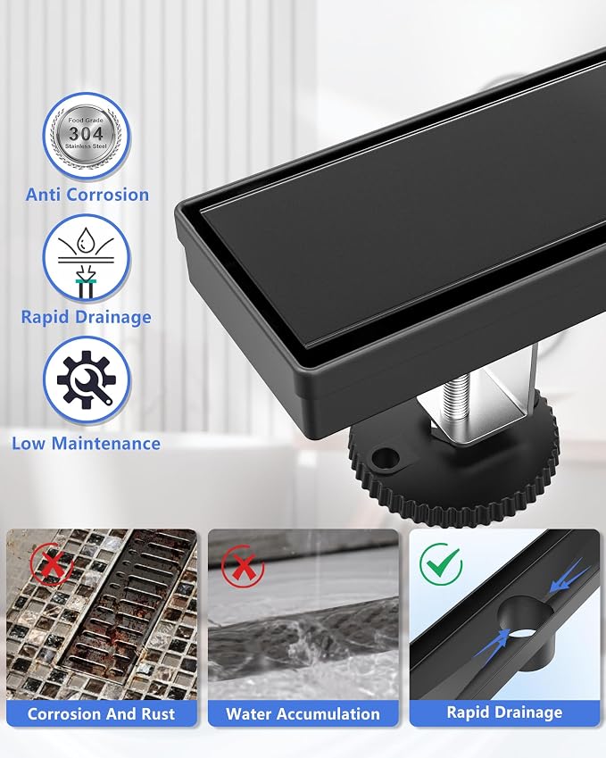 YEFU Black Shower Drain 48 Inch with Tile Insert, Linear Drain for Bathroom | Anti-Corrosion, Fast Drainage, Hair Catcher, 304 Stainless Steel, Easy Clean, Linear shower Drain Fits Hotel Toilet Balcony