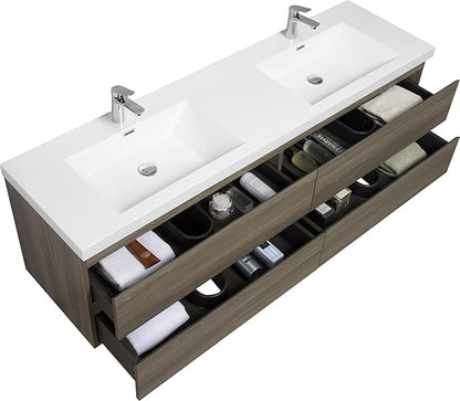 72 Inch Floating Bathroom Vanity with Double Sink, Modern Wall-Mounted Bathroom Vanity Storage Cabinet Organizer with Double Resin Top Basins and 4 Soft Close Drawers (Ash Grey)