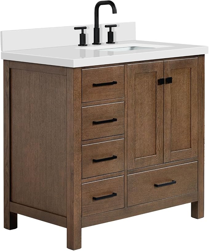 ARIEL Cambridge 36-inch Bathroom Vanity with Sink,Solid Wood, 1.5-inch Pure White Quartz Countertop, Single Rectangular Porcelain Sink, 2 Soft Closing Doors, 5 Dovetail Drawers, Brown Oak