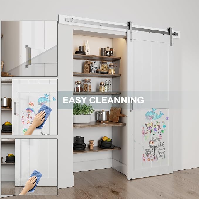 32''x84'' Sliding Barn Door with 6 Ft Brushed Nickel Hardware Kit | Pre-Drilled Holes Easy Assembly - Include Installation Manual, Water-Proof PVC Surface, H-Frame, White