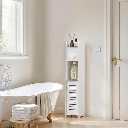 VECELO Storage Cabinet for Small Spaces,Skinny Toilet Paper Holder Stand with Anti-Drop Fence and Roller Storage, White