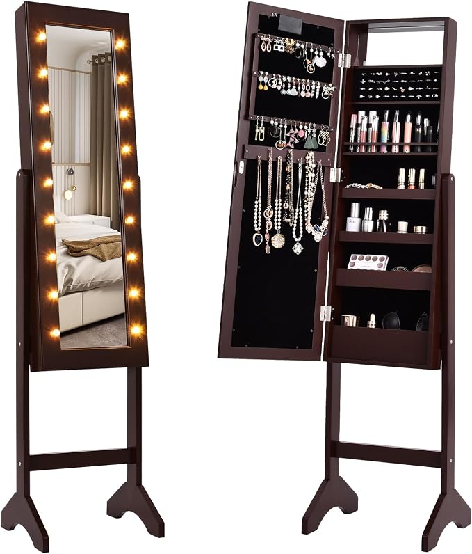 Moccha 18 LEDs Standing Jewelry Armoire, Large Lockable Jewelry Organizer, Mirrored Jewelry Cabinet with Full Length Mirror, 1 Inside Makeup Mirror, 4 Storage Shelves, 16 Lipstick Holders, Brown