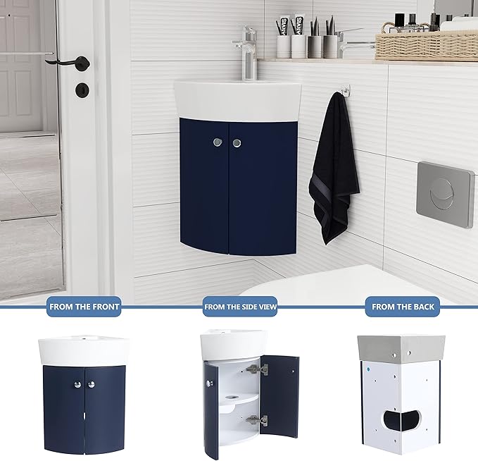 12 Inch Bathroom Vanity with White Sink Combo, Wall-Mounted Bathroom Vanity 2 Door for Small Space, Modern Floating Bathroom Cabinet with Top Basin & Storage Cabinet,Blue