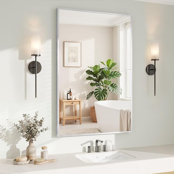 Koonmi Silver Rectangle Wall Mirror, 26x38 Inch Bathroom Mirror, Aluminum Frame Vanity Mirror for Entryway, Living Room, Bedroom Bathroom, Hangs Horizontally or Vertically