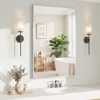 Koonmi Silver Rectangle Wall Mirror, 26x38 Inch Bathroom Mirror, Aluminum Frame Vanity Mirror for Entryway, Living Room, Bedroom Bathroom, Hangs Horizontally or Vertically