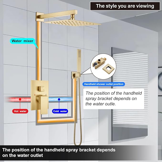 Midanya Shower Faucet Set with Handheld Sprayer,12 Inch,Brushed Gold | Rough-in Shower Valve and Trim Kit Included,Square Rain Head,Wall Mount Shower System,All Metal,Bathroom
