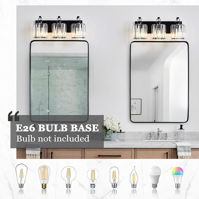 3-Light Black Bathroom Light Fixture Modern Vanity Lights Over Mirror Vintage Wall Sconce Lighting for Bathroom, Bedroom, Living Room, Hallway E26 Base with Crystal Bathroom Vanity Light