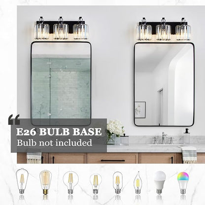 3-Light Black Bathroom Light Fixture Modern Vanity Lights Over Mirror Vintage Wall Sconce Lighting for Bathroom, Bedroom, Living Room, Hallway E26 Base with Crystal Bathroom Vanity Light